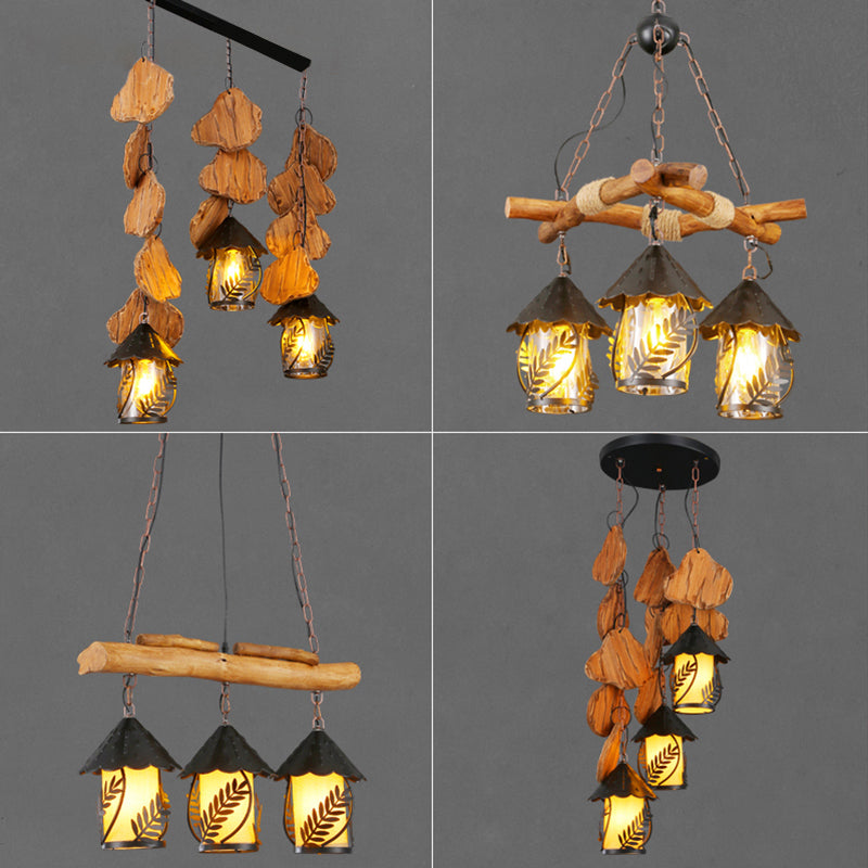 Clear Glass Nautical Lantern Chandelier with Wood Leaf Pattern Pendant Light