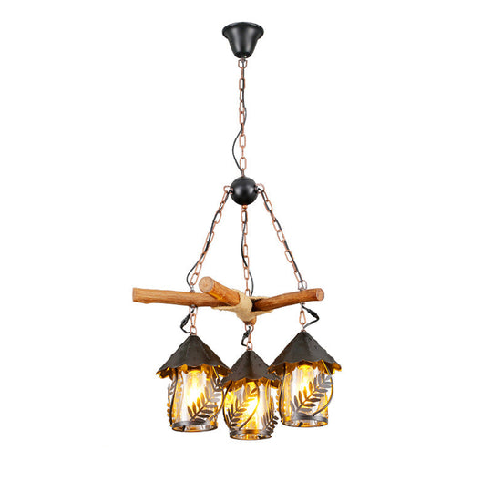 Clear Glass Nautical Lantern Chandelier with Wood Leaf Pattern Pendant Light