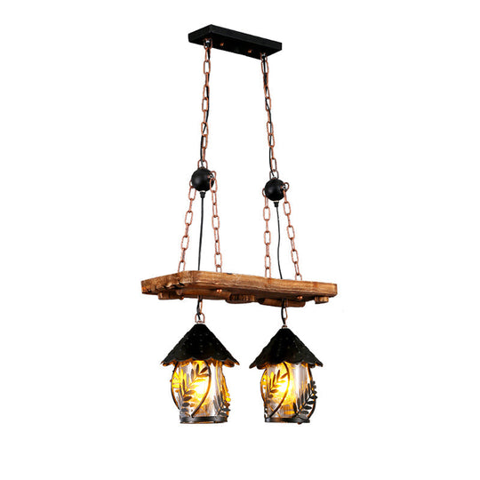 Clear Glass Nautical Lantern Chandelier with Wood Leaf Pattern Pendant Light