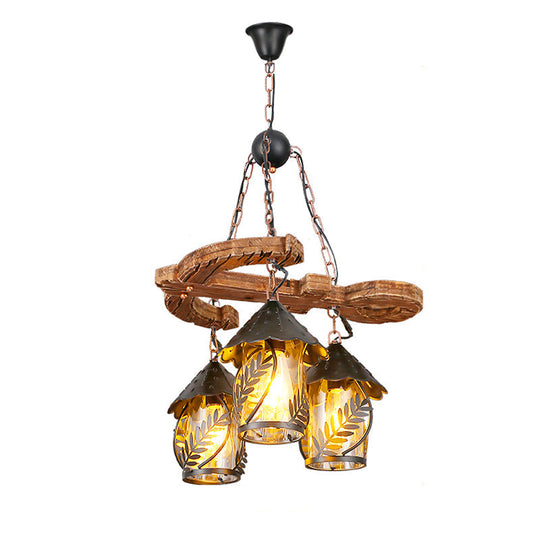 Clear Glass Nautical Lantern Chandelier with Wood Leaf Pattern Pendant Light