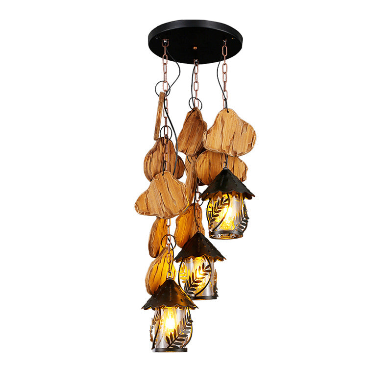 Nautical Lantern Pendant Light With Clear Glass & Wooden Leaf Pattern Wood / G