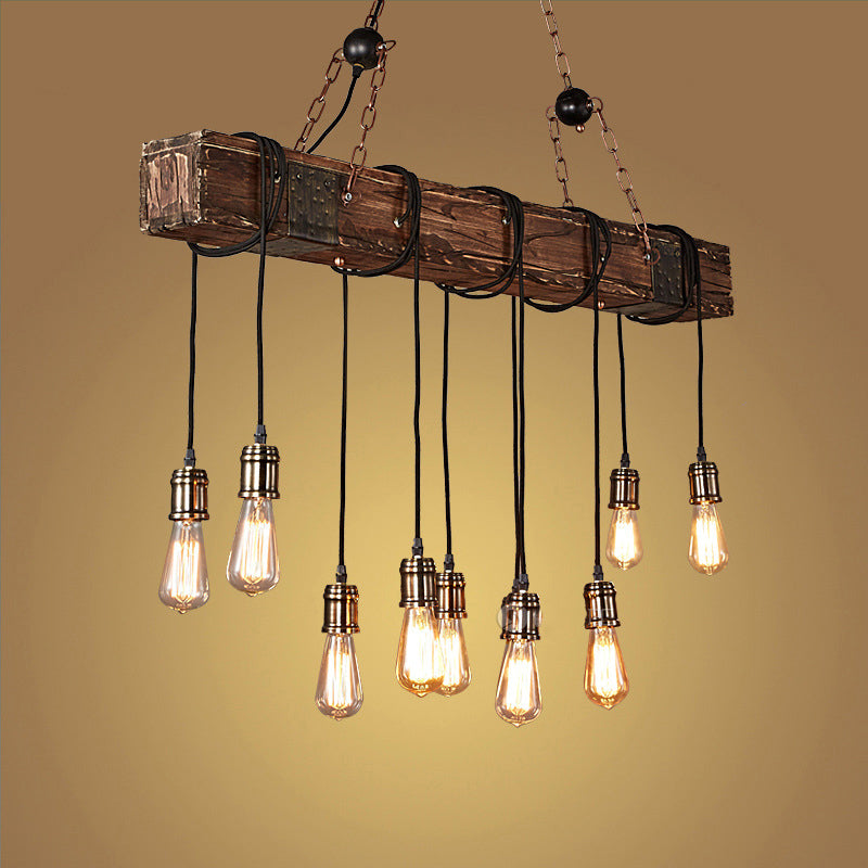 10-Head Metal Pendant Lamp With Exposed Bulbs And Wood Beam In Brown Finish