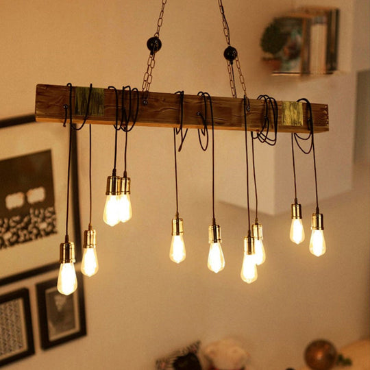 10-Head Metal Pendant Lamp With Exposed Bulbs And Wood Beam In Brown Finish