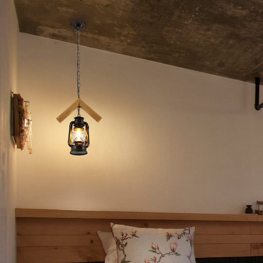 Vintage Kerosene Pendant Lamp with Clear Glass, Black Hanging Ceiling Light, and Wood Frame - 1 Head