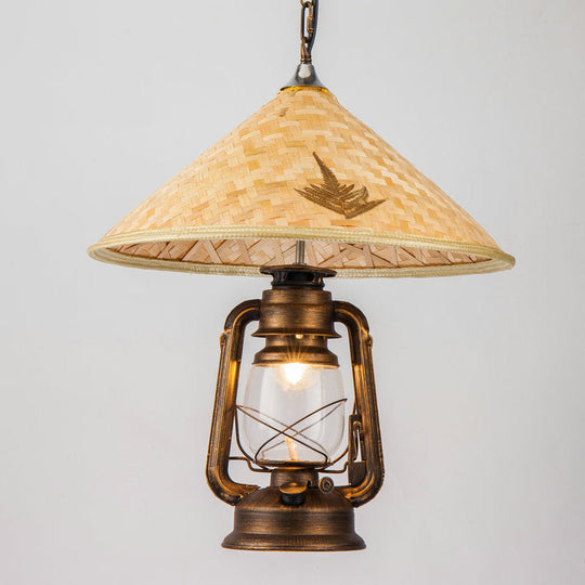 Coastal Lantern Pendant Lamp With Clear Glass Shade And Bamboo Top - 1 Bulb Hanging Light Fixture