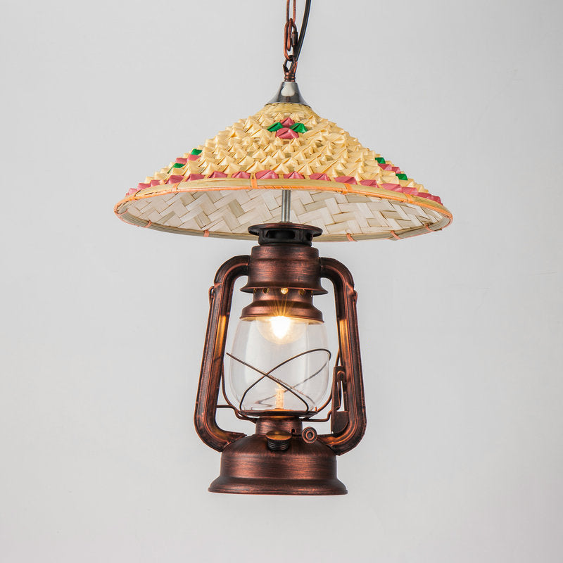 Coastal Lantern Pendant Lamp With Clear Glass Shade And Bamboo Top - 1 Bulb Hanging Light Fixture