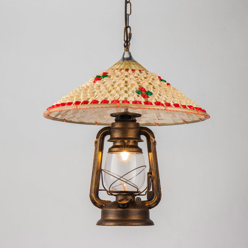 Coastal Lantern Pendant Lamp With Clear Glass Shade And Bamboo Top - 1 Bulb Hanging Light Fixture