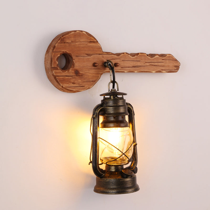 Industrial Brown Kerosene Wall Mount Lamp With Clear Glass & Wood Backplate - 1 Bulb Light Fixture /