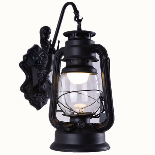 Nautical Clear Glass Kerosene Wall Sconce With Curved Arm For Restaurants