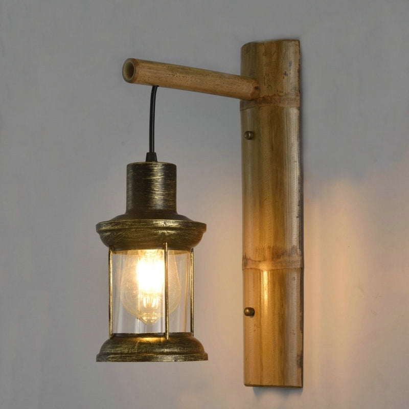 Coastal Lantern 1-Head Wall Light Sconce With Clear Glass And Bamboo Backplate