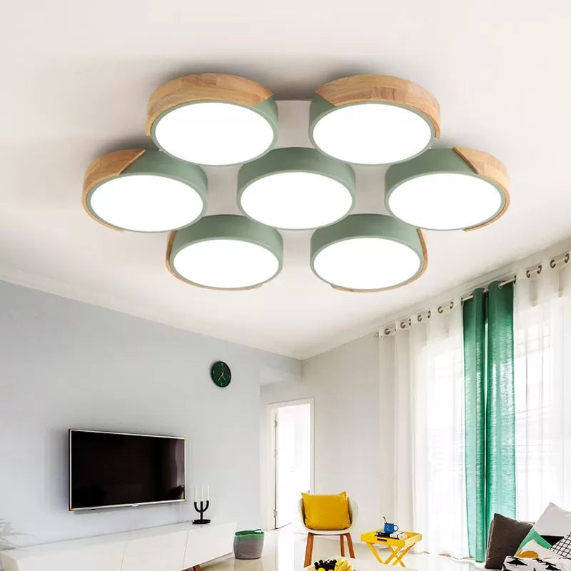 Modern White/Green Round Flush Ceiling Light with Stylish Metal Finish - 3/7 Heads Ceiling Lamp for Living Room