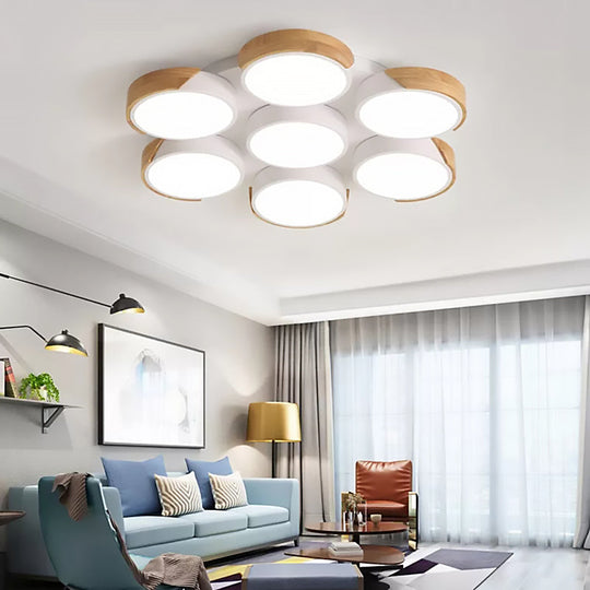 Modern White/Green Round Flush Ceiling Light with Stylish Metal Finish - 3/7 Heads Ceiling Lamp for Living Room