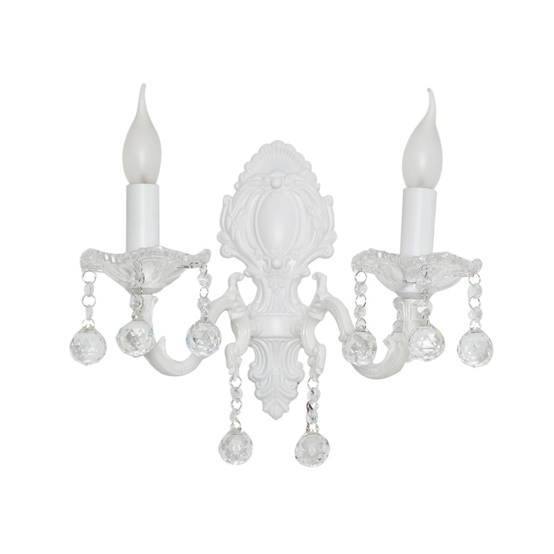 White Metal Candle Wall Sconce With Crystal Draping For Countryside Charm