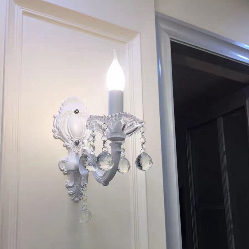 White Metal Candle Wall Sconce With Crystal Draping For Countryside Charm 1 /