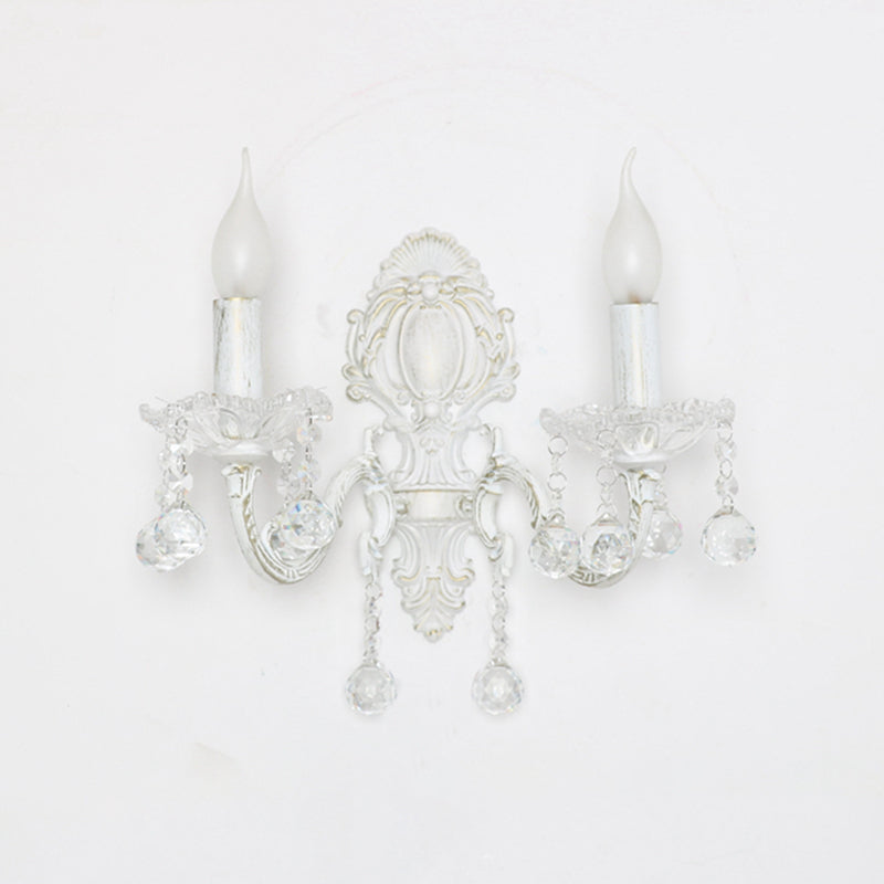 White Metal Candle Wall Sconce With Crystal Draping For Countryside Charm