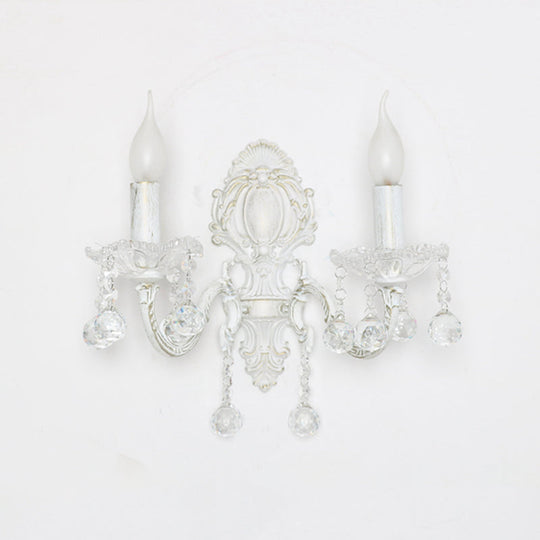 White Metal Candle Wall Sconce With Crystal Draping For Countryside Charm