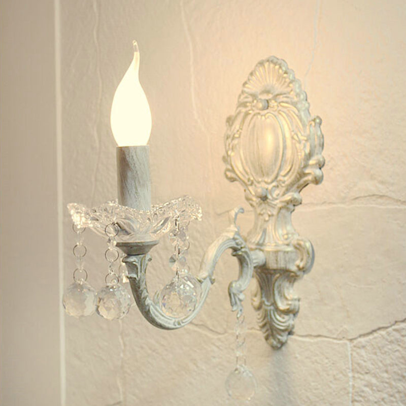 White Metal Candle Wall Sconce With Crystal Draping For Countryside Charm