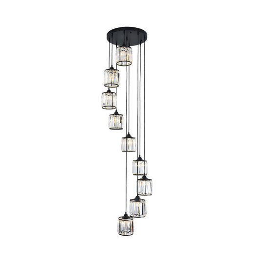 Black Rustic Drum Shade Crystal Pendant - Multi Light Down Lighting For Dining Room