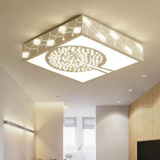 Modern Tree Metal LED Ceiling Light for Foyer - White Square Etched Flush Mount Fixture