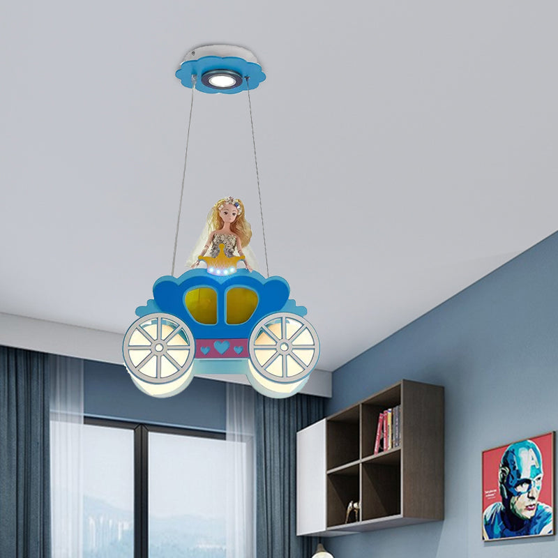 Princess Girls Bedroom Wood Car Pendant Light - Blue Cartoon Chandelier With Two Lights