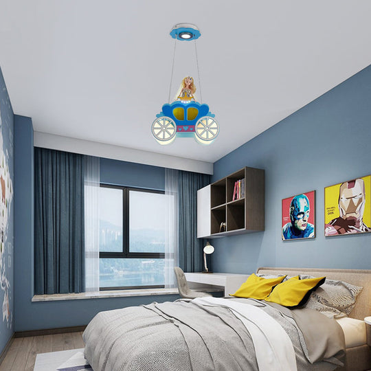 Princess Girls Bedroom Wood Car Pendant Light - Blue Cartoon Chandelier With Two Lights