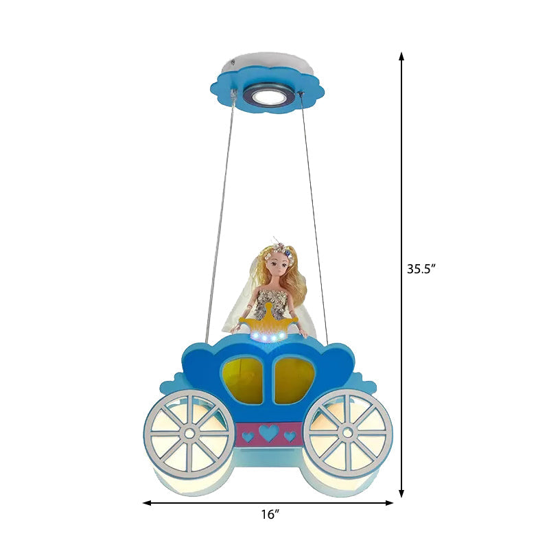 Princess Girls Bedroom Wood Car Pendant Light - Blue Cartoon Chandelier With Two Lights