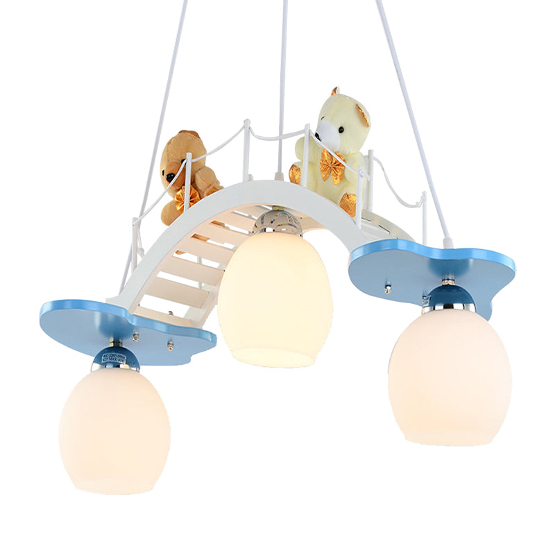 Cartoon Bear Wood Chandelier - Child Bedroom Bridge Hanging Light (3 Lights White)