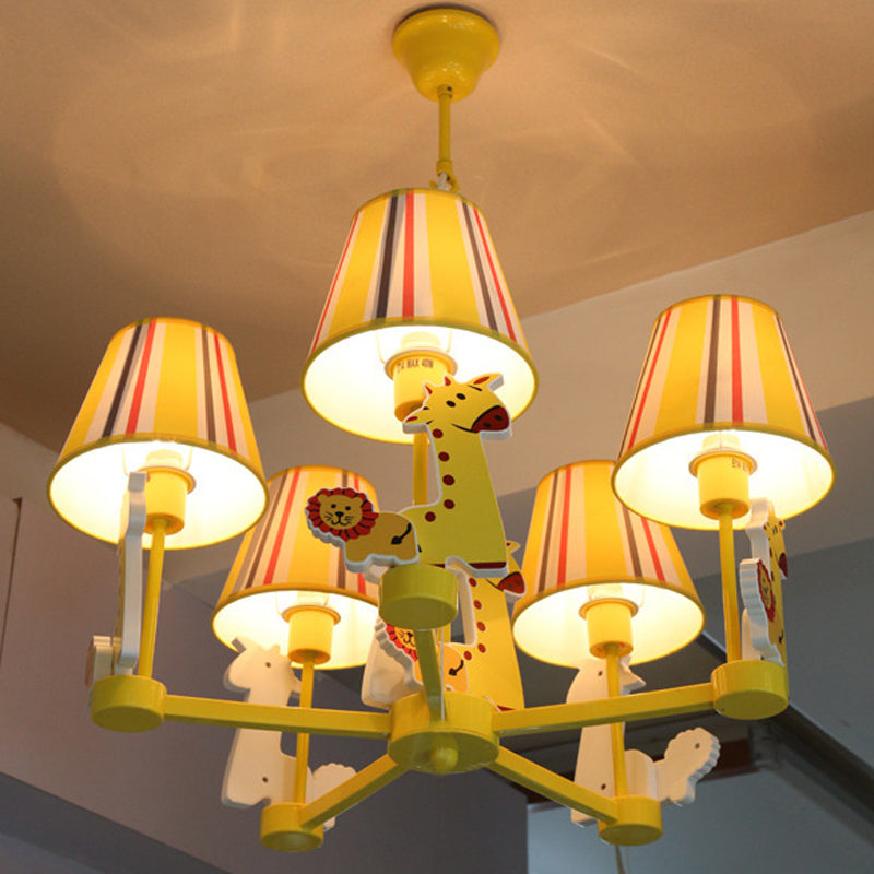 Kids Bedroom Cartoon Giraffe & Lion Chandelier - Yellow Metal Pendant Light With 5 Heads