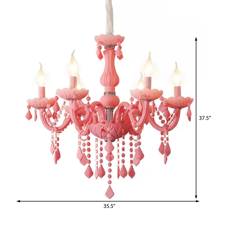 Modern Macaron Crystal Deco Candle Chandelier - Stylish Suspension Light With 6 Lights For Teens