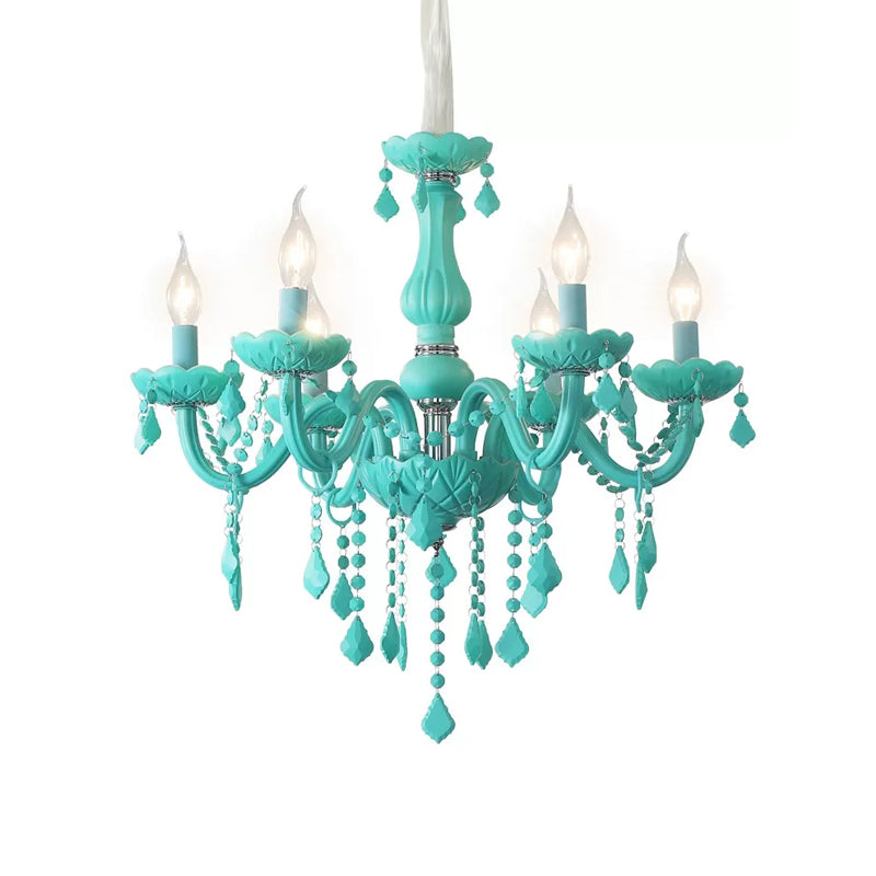 Modern Macaron Crystal Deco Candle Chandelier - Stylish Suspension Light With 6 Lights For Teens