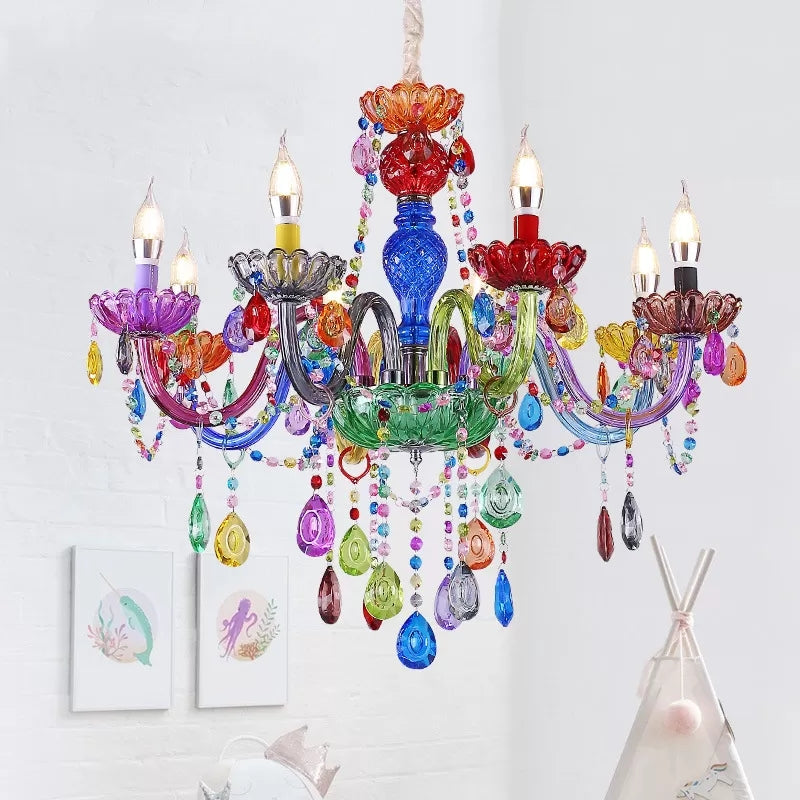 Colorful Glass Pendant Chandelier With Teardrop Crystal For Kindergarten Decor