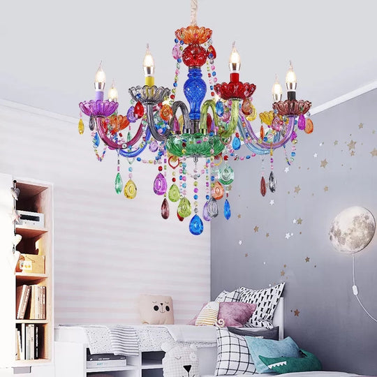 Multi-Colored Glass Chandelier with Teardrop Crystals for Kids Room