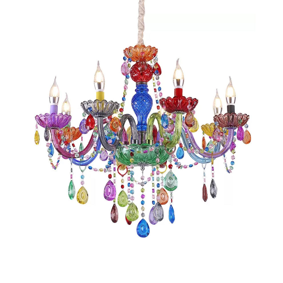 Colorful Glass Pendant Chandelier With Teardrop Crystal For Kindergarten Decor