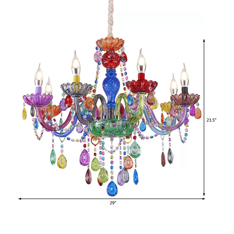 Colorful Glass Pendant Chandelier With Teardrop Crystal For Kindergarten Decor