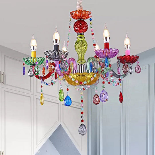 Colorful Glass Pendant Chandelier With Teardrop Crystal For Kindergarten Decor 6 / Green