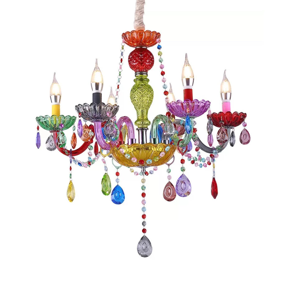 Colorful Glass Pendant Chandelier With Teardrop Crystal For Kindergarten Decor