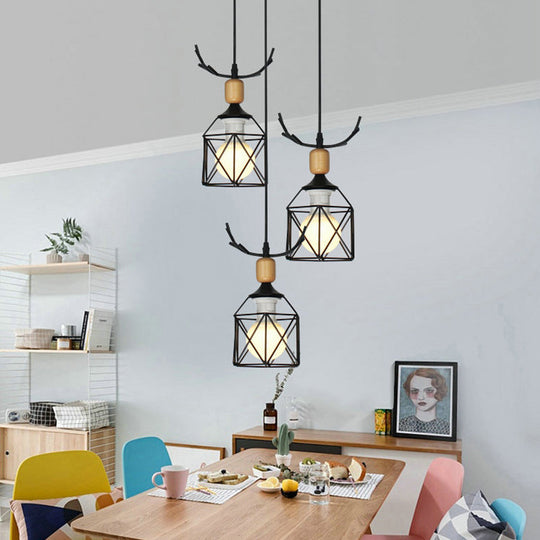 Rustic Black Hanging Light With 3 Bulbs - Modern Metal Ceiling For Restaurants