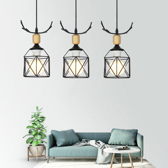 Rustic Black Hanging Light With 3 Bulbs - Modern Metal Ceiling For Restaurants