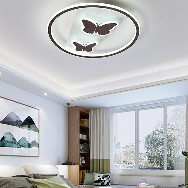 Romantic Butterfly Led Ceiling Light In White For Dining Room - Acrylic Ring Flush Mount