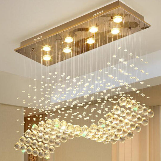 8-Light Wavy Ceiling Flush Mount With Stainless Steel Frame And Clear Crystal Orb Design