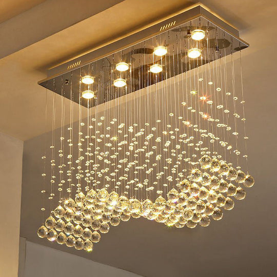 8-Light Wavy Ceiling Flush Mount with Stainless Steel Frame and Clear Crystal Orb Design