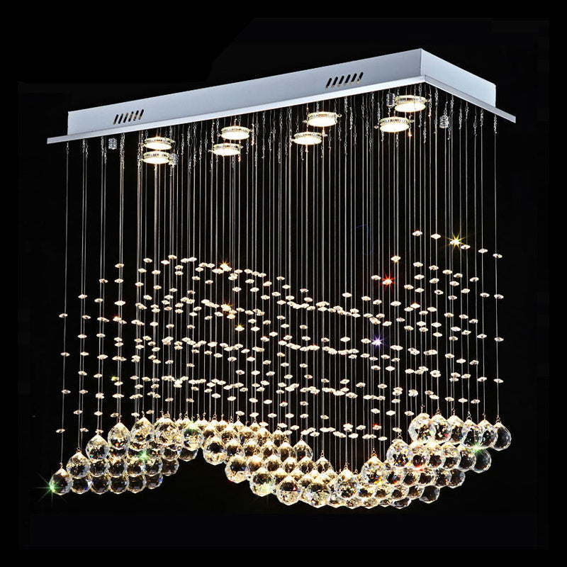 8-Light Wavy Ceiling Flush Mount with Stainless Steel Frame and Clear Crystal Orb Design