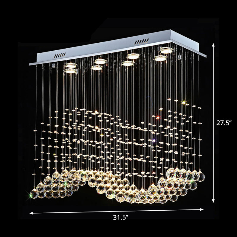 8-Light Wavy Ceiling Flush Mount with Stainless Steel Frame and Clear Crystal Orb Design