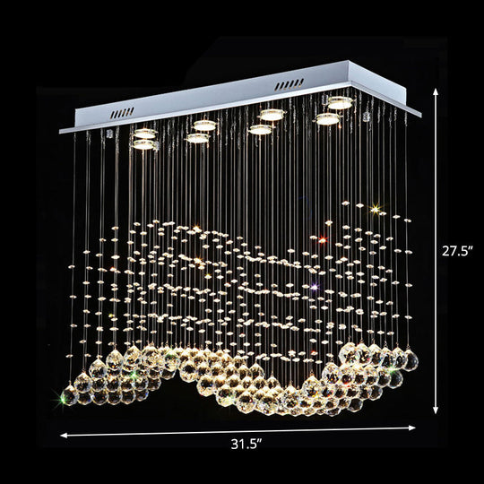 8-Light Wavy Ceiling Flush Mount With Stainless Steel Frame And Clear Crystal Orb Design