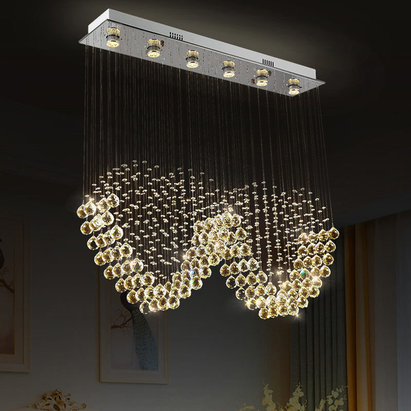 W-Shaped Crystal Ceiling Lamp: Modern 6-Light Stainless Steel Dining Room Flush Mount