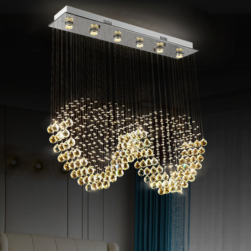 W-Shaped Crystal Ceiling Lamp: Modern 6-Light Stainless Steel Dining Room Flush Mount