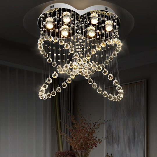 6-Light Crystal Orb Flush Mount Stainless Steel Butterfly Bedroom Ceiling Light