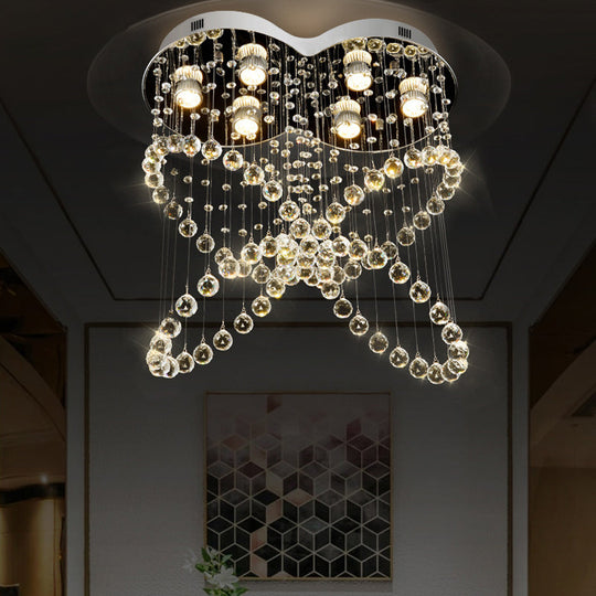 6-Light Crystal Orb Flush Mount Stainless Steel Butterfly Bedroom Ceiling Light