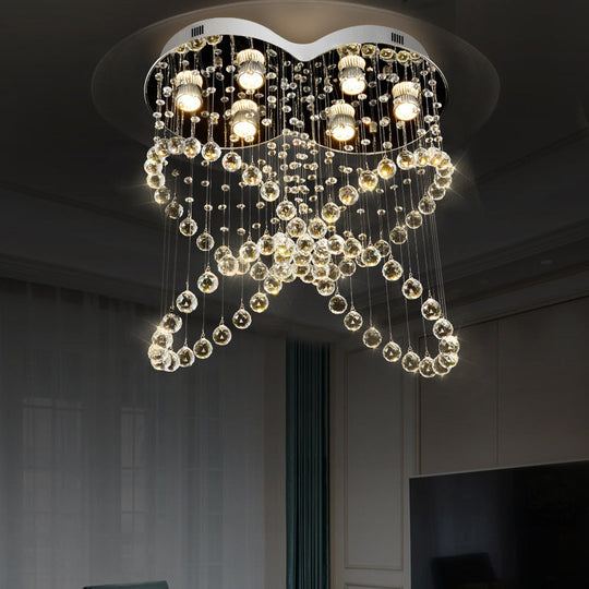 6-Light Crystal Orb Flush Mount Stainless Steel Butterfly Bedroom Ceiling Light