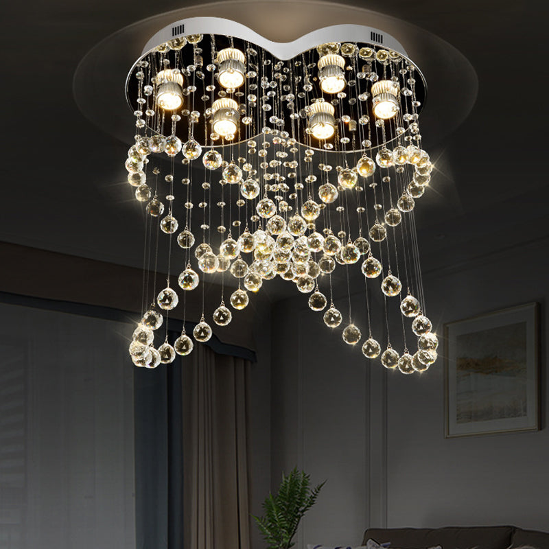 6-Light Crystal Orb Flush Mount Stainless Steel Butterfly Bedroom Ceiling Light